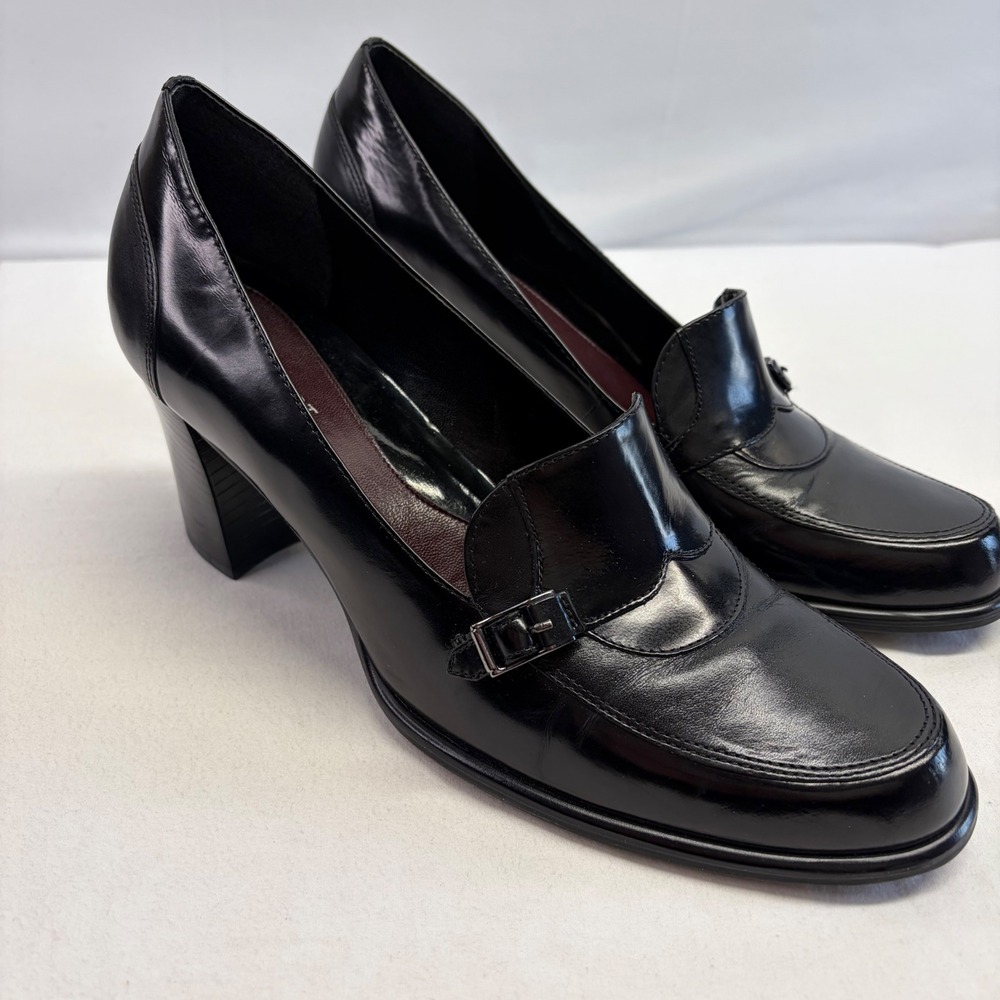 Nine West Heeled Loafers Women 10 Black Leather Buckle Block Heel Career